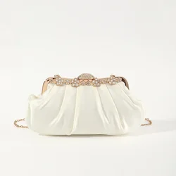 White Satin Small Clutch Handbags For Women Fashion Rhinestone Inlay Party Evening Bag Daily Chain Shoulder Bag Ladies Clutches