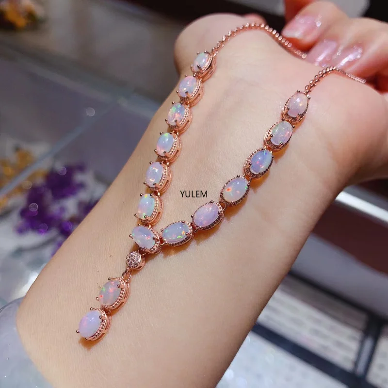 YULEM Classic Silver Opal Necklace for Daily Wear 4mm*6mm 100% Natural Opal Silver Pendant Solid 925 Silver Opal Jewelry