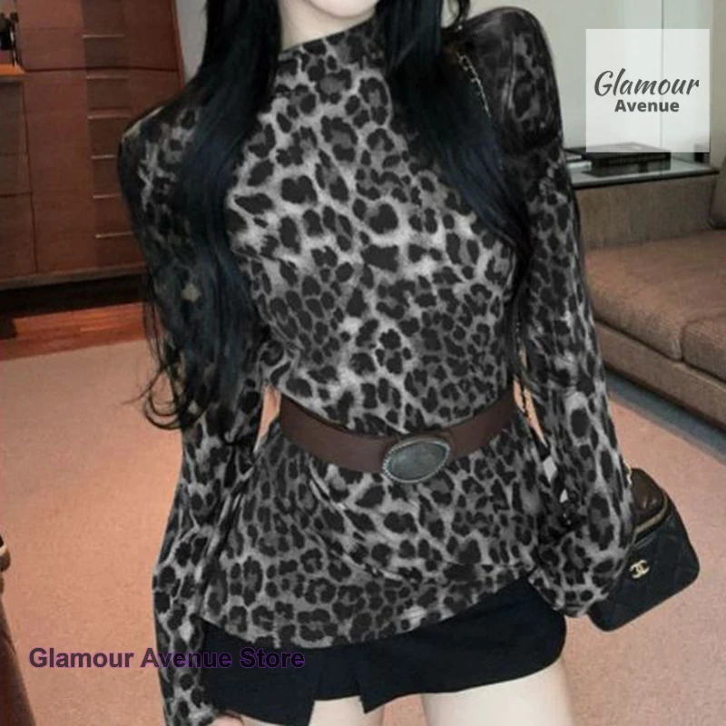 

American spice girl retro leopard print semi-high neck T-shirt women's spring and autumn fashion irregular long-sleeved tops