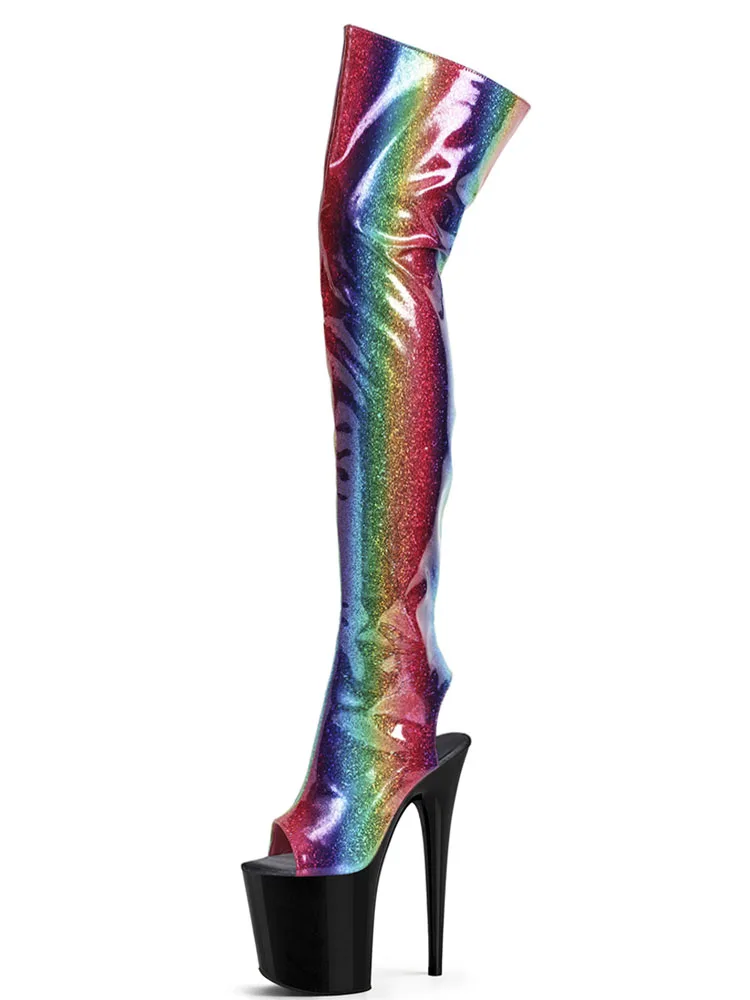 Sexy Fetish Rainbow Boots Open Toe Strips Nightclub Pole Dance Exotic Thin Heels 5Inch Platform Women 8Inch Over The Knee Boots