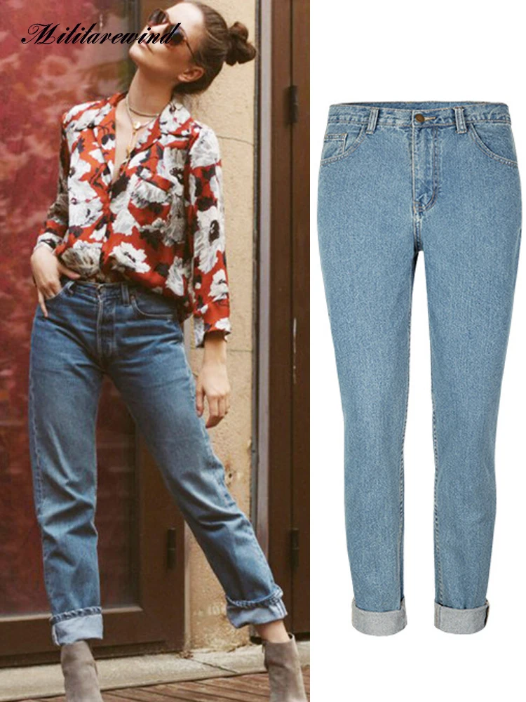 

High Waist Denim Jeans Women Solid Color Casual Straight Blue Pants Women Full Length Denim Trousers Women Retro Baggy Jeans