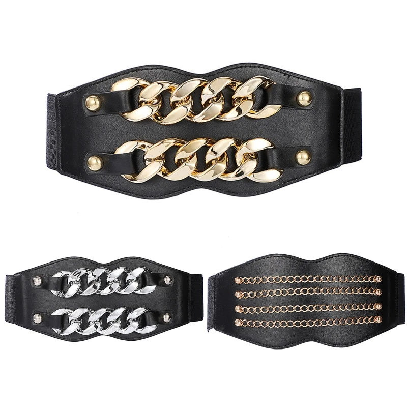 Simple Women Waist Belt Elastic Vintage PU Leather Corset with Geometric Chain