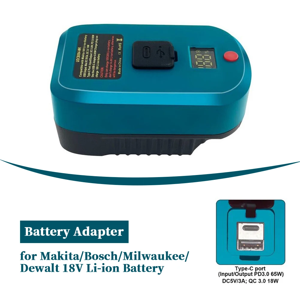 2 IN 1 Battery Charger for Makita/Bosch/Milwaukee/Dewalt 20V 18V Li-ion Battery USB and Type-C Input Output Battery Adapter