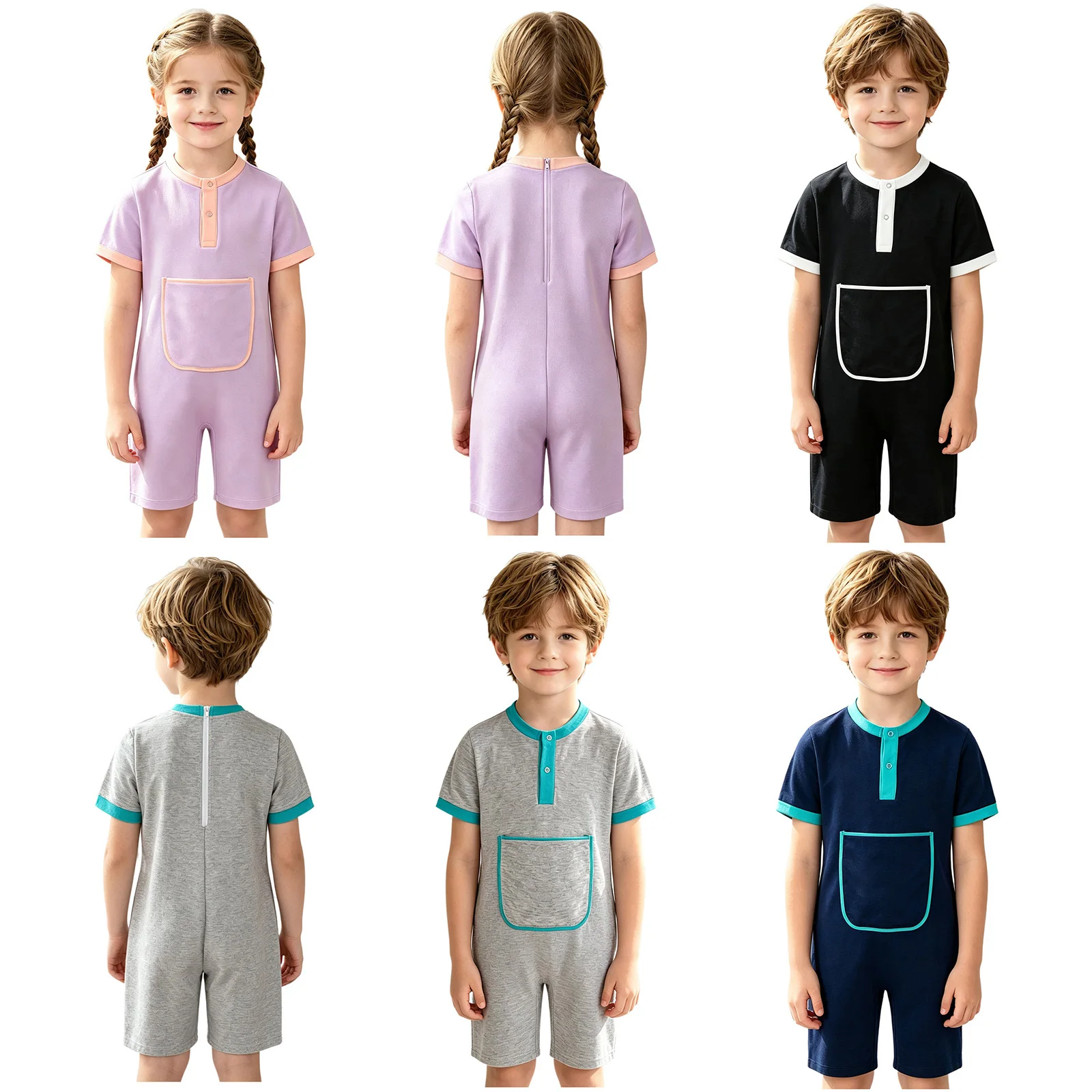 Unisex Kids Boys Girls Special Needs Adaptive Clothing O-neck Short Sleeve Bodysuit Press Buttons Design Jumpsuit Daily Wear