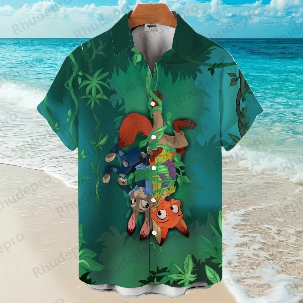 

Disney 2025 Summer New Hawaiian Shirts Trend Fashion Cartoon Zootopia Harajuku Tops Men's and Women's Lapel Shirts