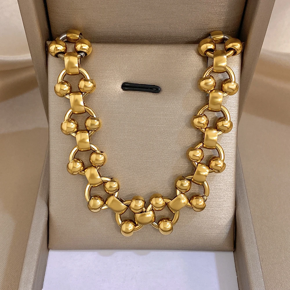 Freetry Minimalist Overall Small Round Ball Splicing Stainless Steel Necklace for Women Golden Waterproof Necklace Daily Jewelry