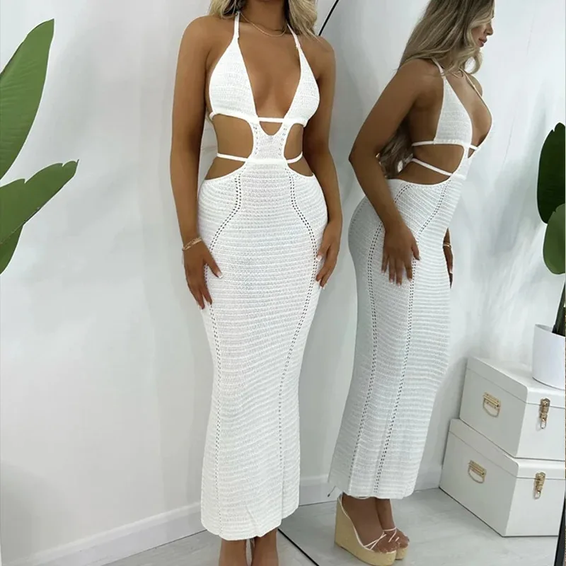 Bonny New Style Hollow Out Backless Tie Up Dress Women Beach Holiday Sun Bathing Sunscreen Dress Knitting Beachwear Cover Up