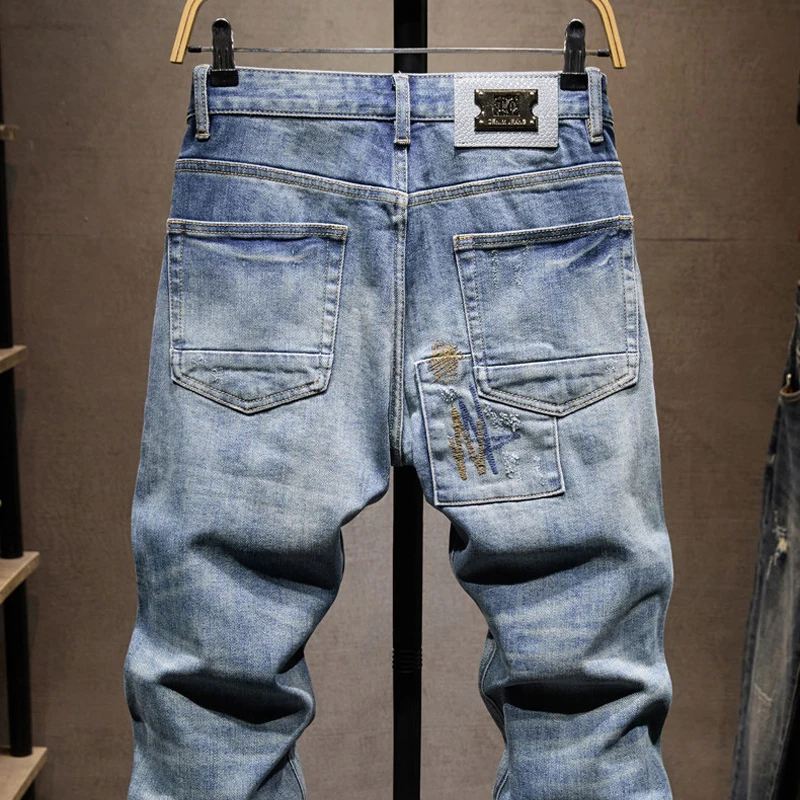 

High Street Designer Fashion Men Jeans Retro Blue Stretch Slim Fit Embroidery Patched Ripped Jeans Men Y2K Hip Hop Denim Pants