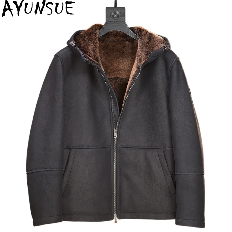 

AYUNSUE Genuine Merino Sheepskin Leather Fur Jacket Men Clothing Hooded Winter Natural Fur Coat Man Vintage Warm Fur Coats 2025