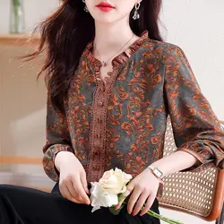 Vintage Printed Lace Spliced Blouse Elegant V-Neck Spring Autumn Long Sleeve Female Clothing Commute Chic Ruffles Button Shirt