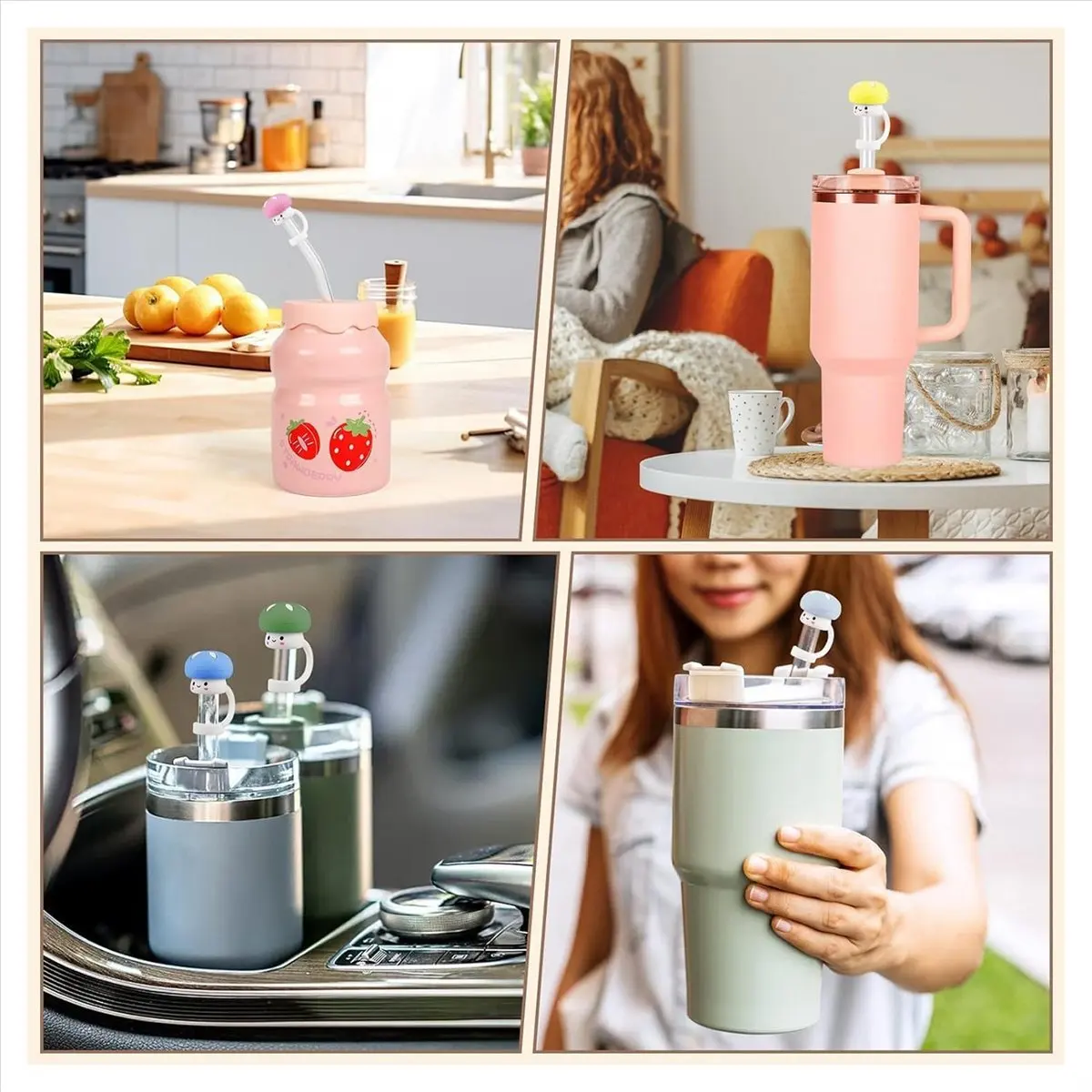 BAAU 4 عبوات من غطاء غطاء قش السيليكون لكوب لطيف على شكل فطر مع مقبض - متوافق مع بهلوان 30 و40 أونصة