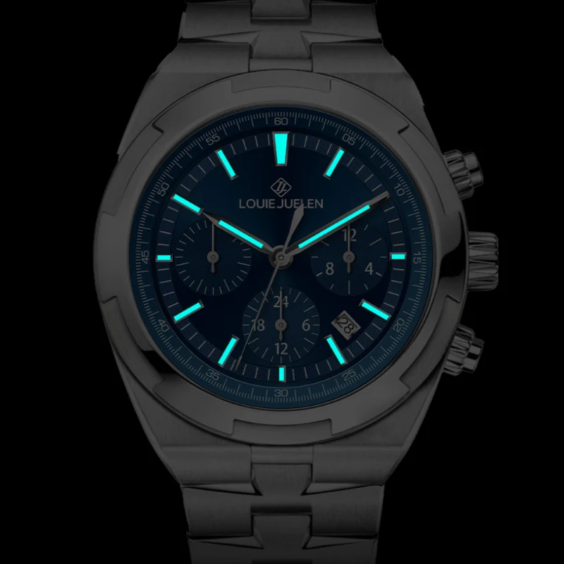 Men's Fully Automatic Multifunctional Mechanical Watch Silver Case Blue Dial Diameter 1.65Inch Strap Width 0.78Inch