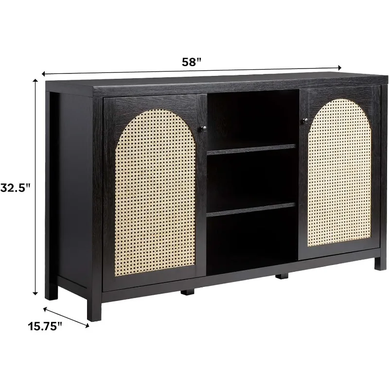 Modern Arched Rattan 2-Door Sideboard, 58 Inch, Black