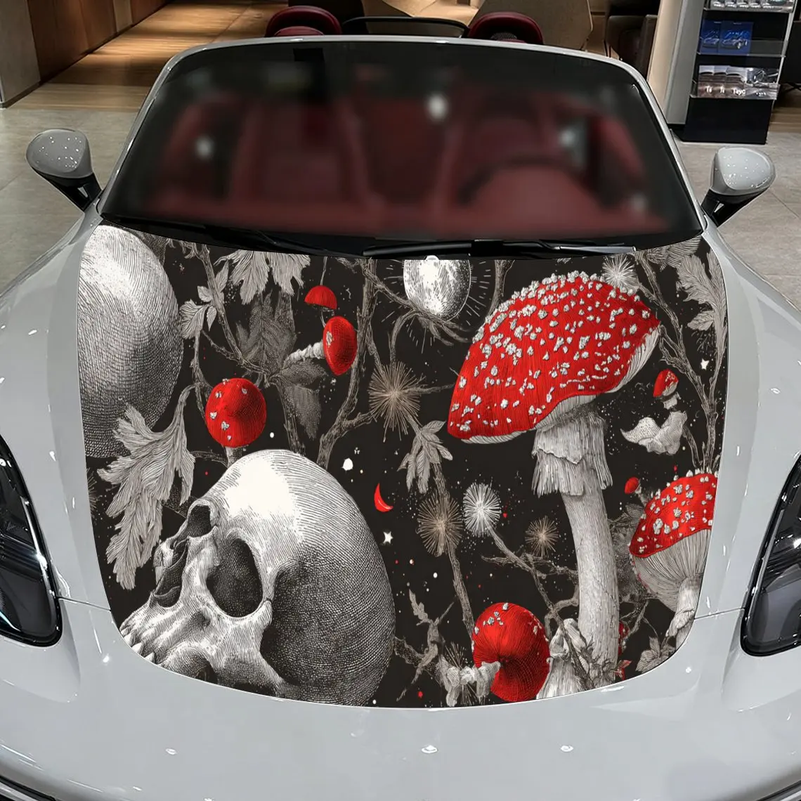 Car Decals A Macabre-Themed Design with Skulls, Red Mushrooms, and Foliage in a Textured Background with Artistic, Gothic Visual