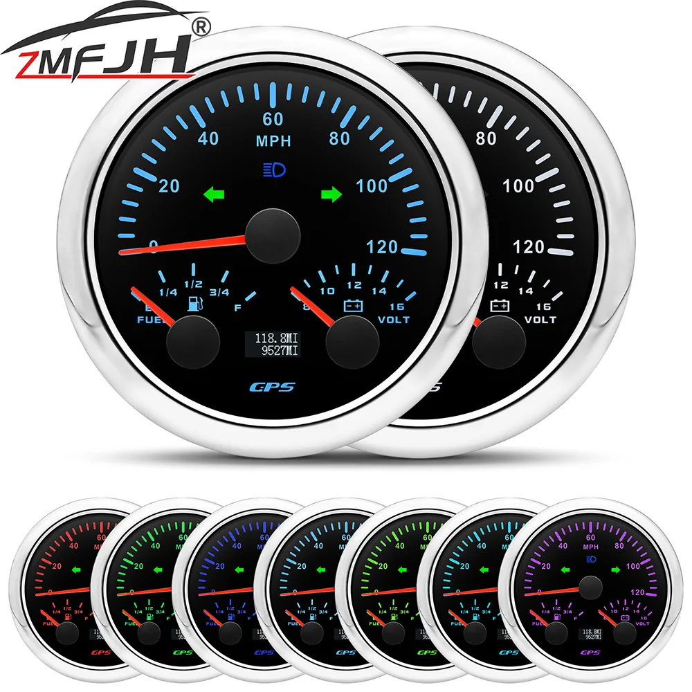 

85mm GPS Speedometer Voltage Meter Fuel Level Gauge 7 Color Backlight 3 IN 1 Gauge Waterproof For Marine Boat Car 12V 24V