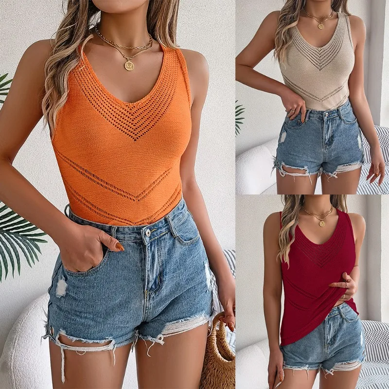 Spring Summer Casual V-Neck Hollow Out Knit Top Vacation Women EU US Style