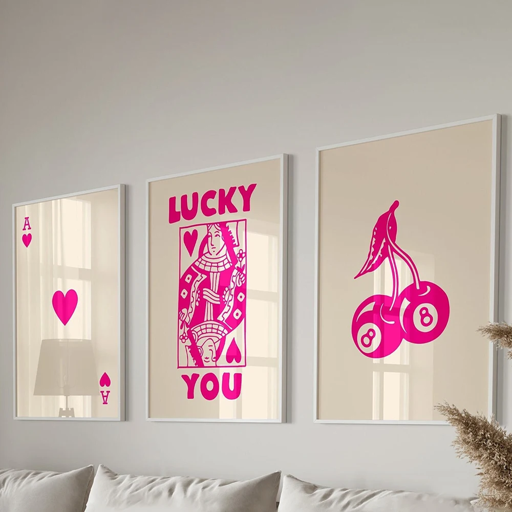 Juego de carteles artísticos de pared Retro de moda, pinturas en lienzo de Reina de corazones estéticas de la suerte, tarjeta Ace, decoración de imágenes Funky de Reina, 3 uds.