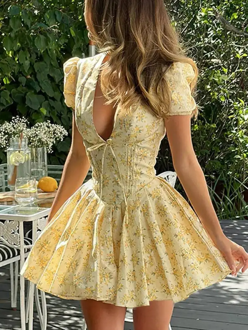 프린트 V넥 퍼프 소매 미니 드레스 플로럴 프린트 하이웨이스트 리본 장식 드레스 패션 여성 미니 드레스 V넥 탑