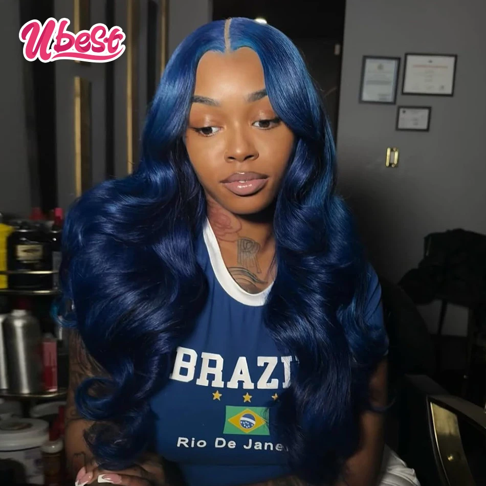 

13X6 13X4 Transparent Lace Front Body Wave Wig 100％ Human Hair Dark Blue Colored 5X5 Lace Closure Wig Pre Plucked for Women 34in