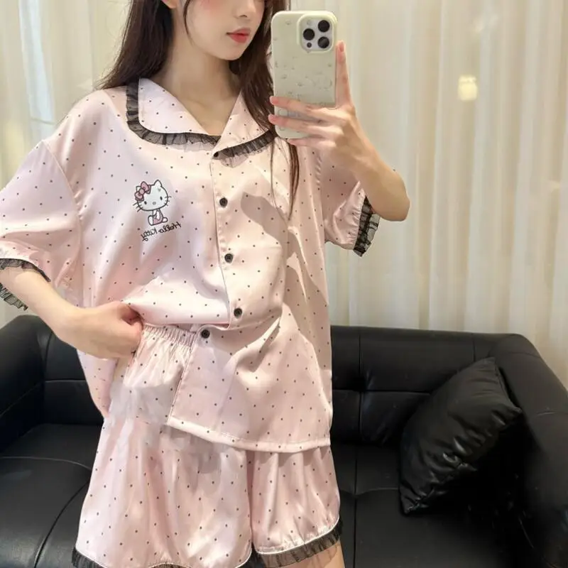 

Cartoon Kawaii Girls' Polka Dot Short Sleeved Pajamas Set New Lace Student Home Clothes Two-Piece Set Skin Friendly Breathable