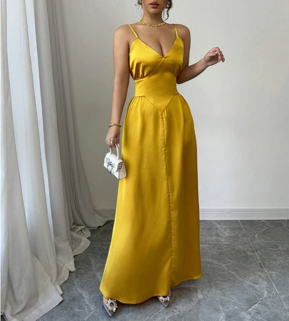 

Женское весенне-летнее желтое атласное платье макси на тонких бретелях с глубоким V-образным вырезом, приталенное, с расклешенной юбкой, элегантное, для вечерних мероприятий