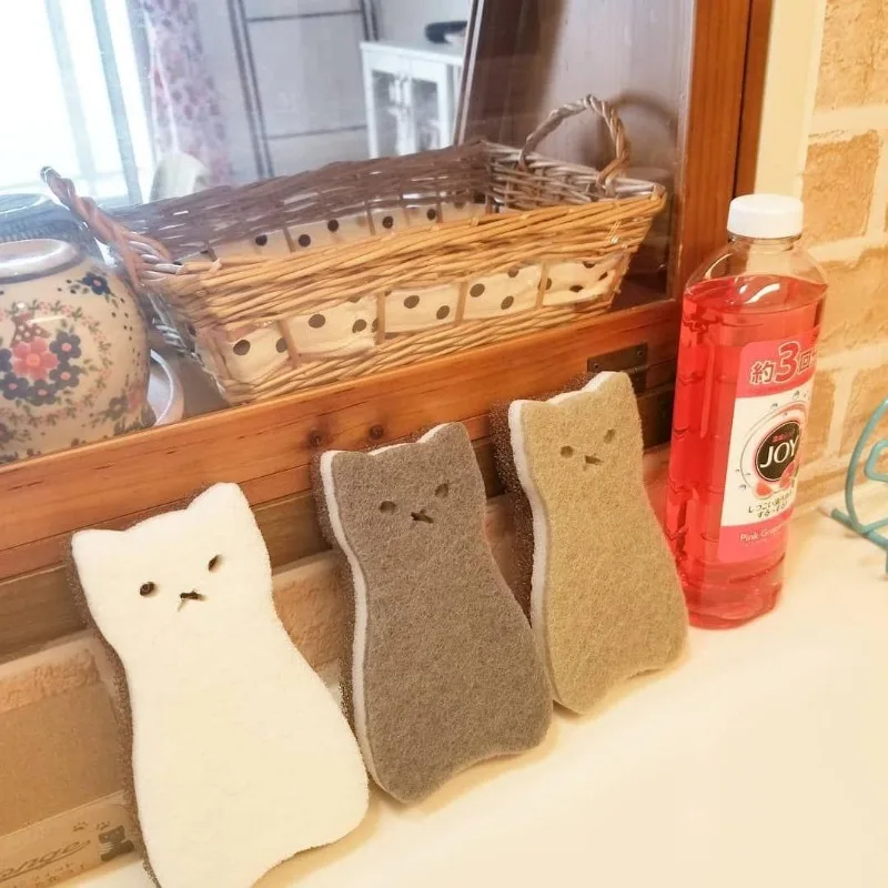 3-8pcs 일본 만화 고양이 3 층 식기 세척 스폰지 세트 두껍고 내구성이 뛰어난 식기 세척 수색 패드 청소 의류