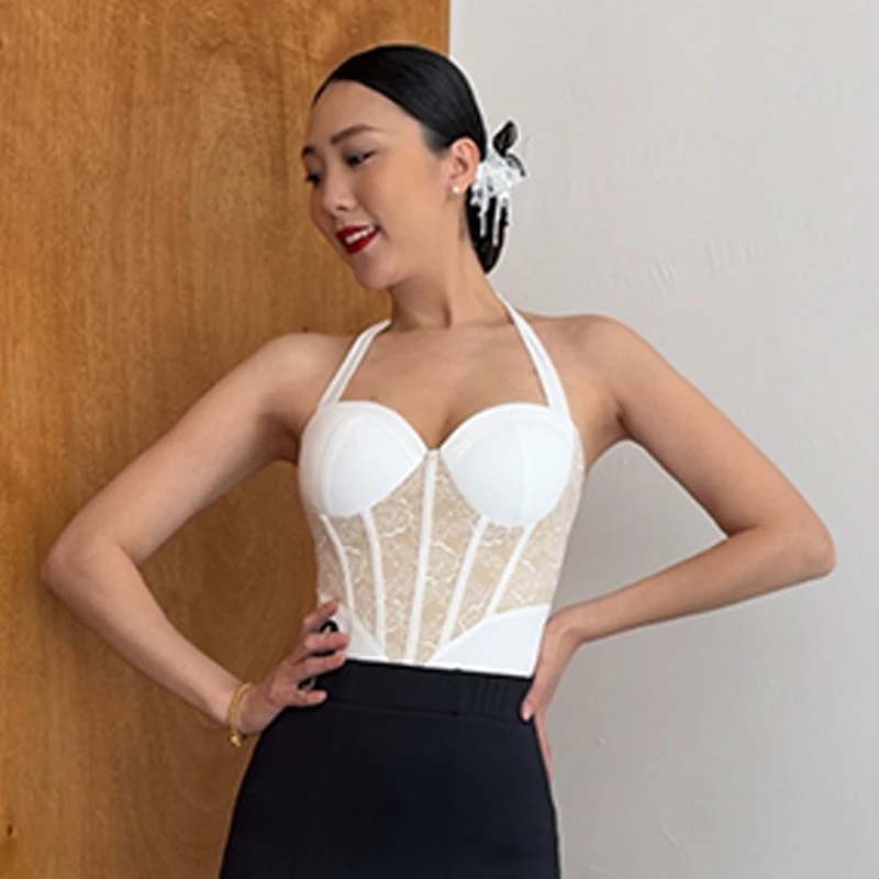 الرسن الرقبة اللاتينية قاعة الرقص القمم النساء رومبا السامبا الرقص ممارسة الملابس الكبار أبيض أسود شبكة الربط ارتداءها BL15236