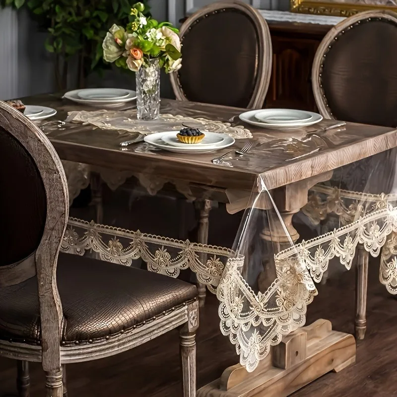 

1pcs Dining Table Cloth Non-Wash PVC Non-Slip Lace Border Table Cover Coffee Table Cover Dining Mat for Kitchen Restaurant Decor