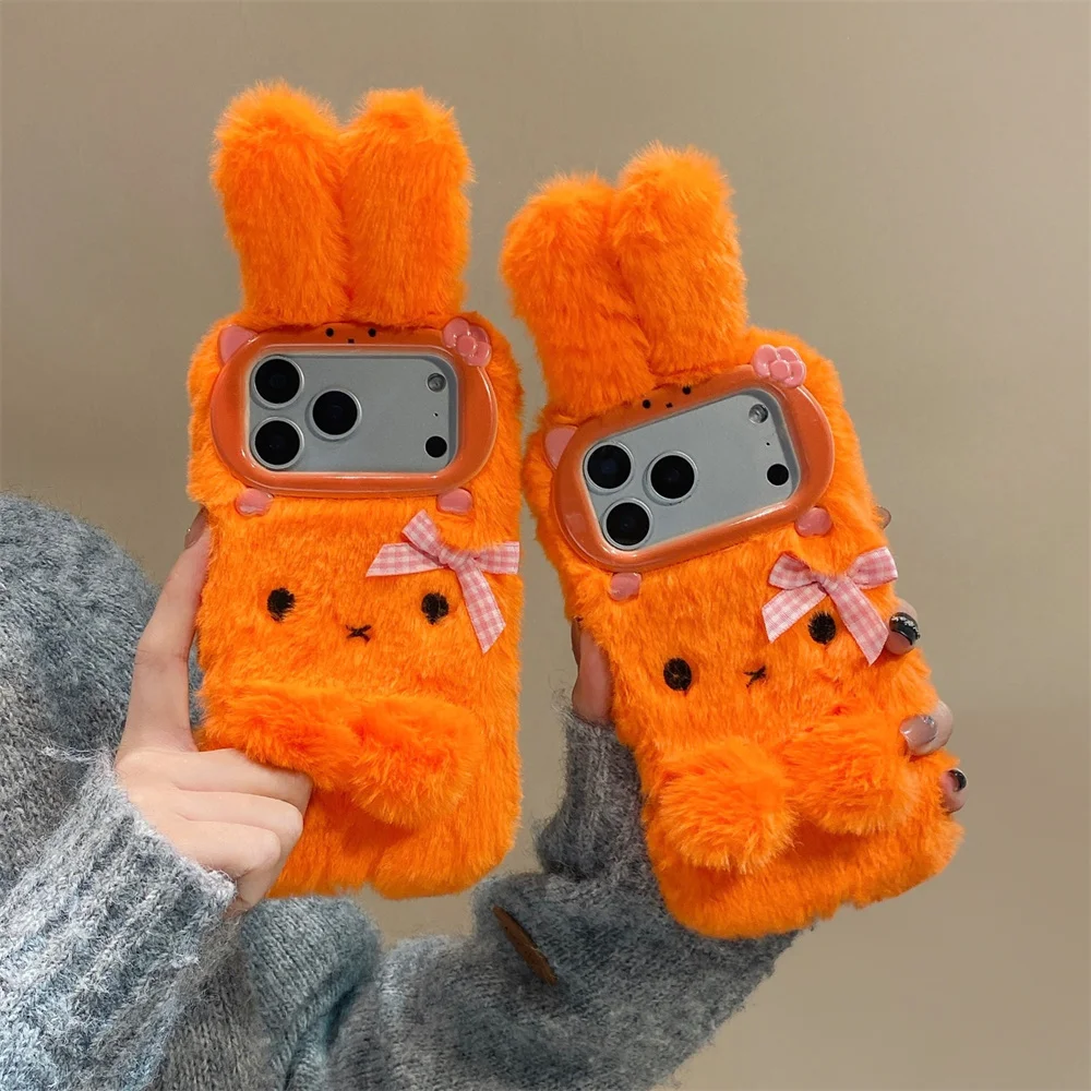

Warm Fluffy 3D Plush Rabbit Phone case for iPhone 17 Pro 15 13 13 14 12 11 16 Pro Max Fundas Cute Furry Cases Protective Cover