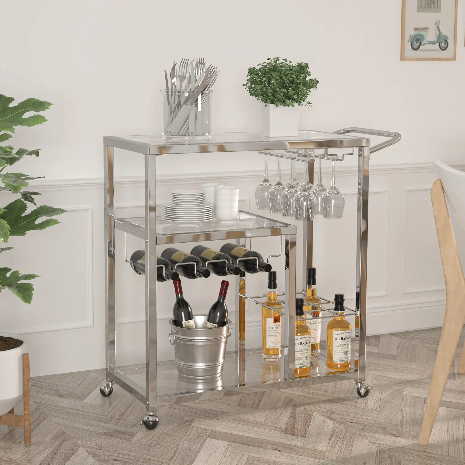 Family Kitchen Pushcart Wine Rack Wine Glass Rack Steel and Wood Structure Suitable for Bars