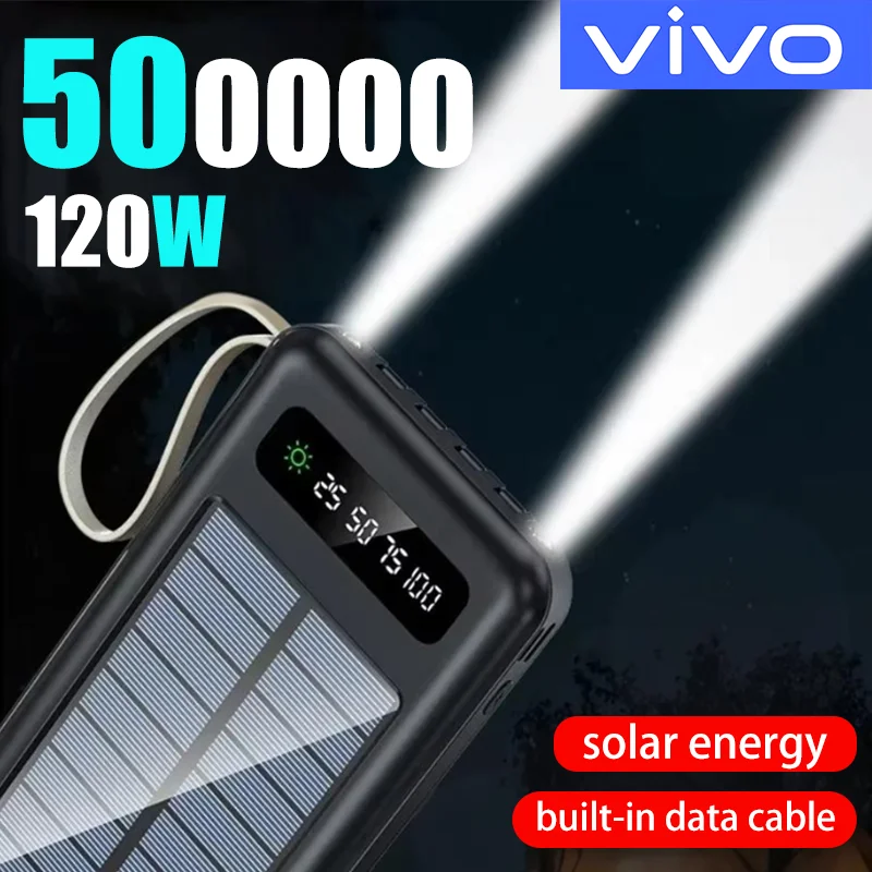 

Внешний аккумулятор VIVO Solar Power Bank 500000 мАч большой емкости, мобильное зарядное устройство с быстрой зарядкой, двойной USB, 4 кабеля для iPhone и Huawei