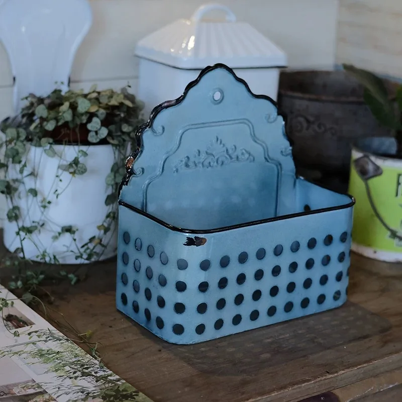 

Vintage Wall-Mounted Kitchen Utensil Holder, Blue Metal with Decorative Pattern, 8.5x4.3x9.3 inches