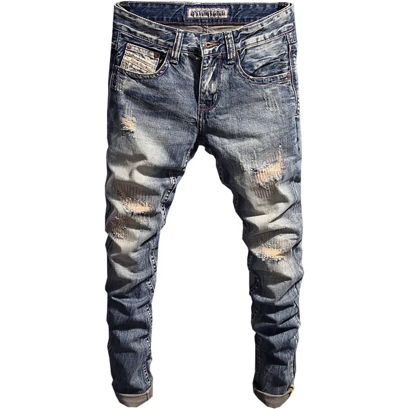 Italian Style Fashion Designer Men Jeans Retro Slim Fit Ripped Jeans Men Hole Trousers Patched Vintage Casual Denim Pants Hombre