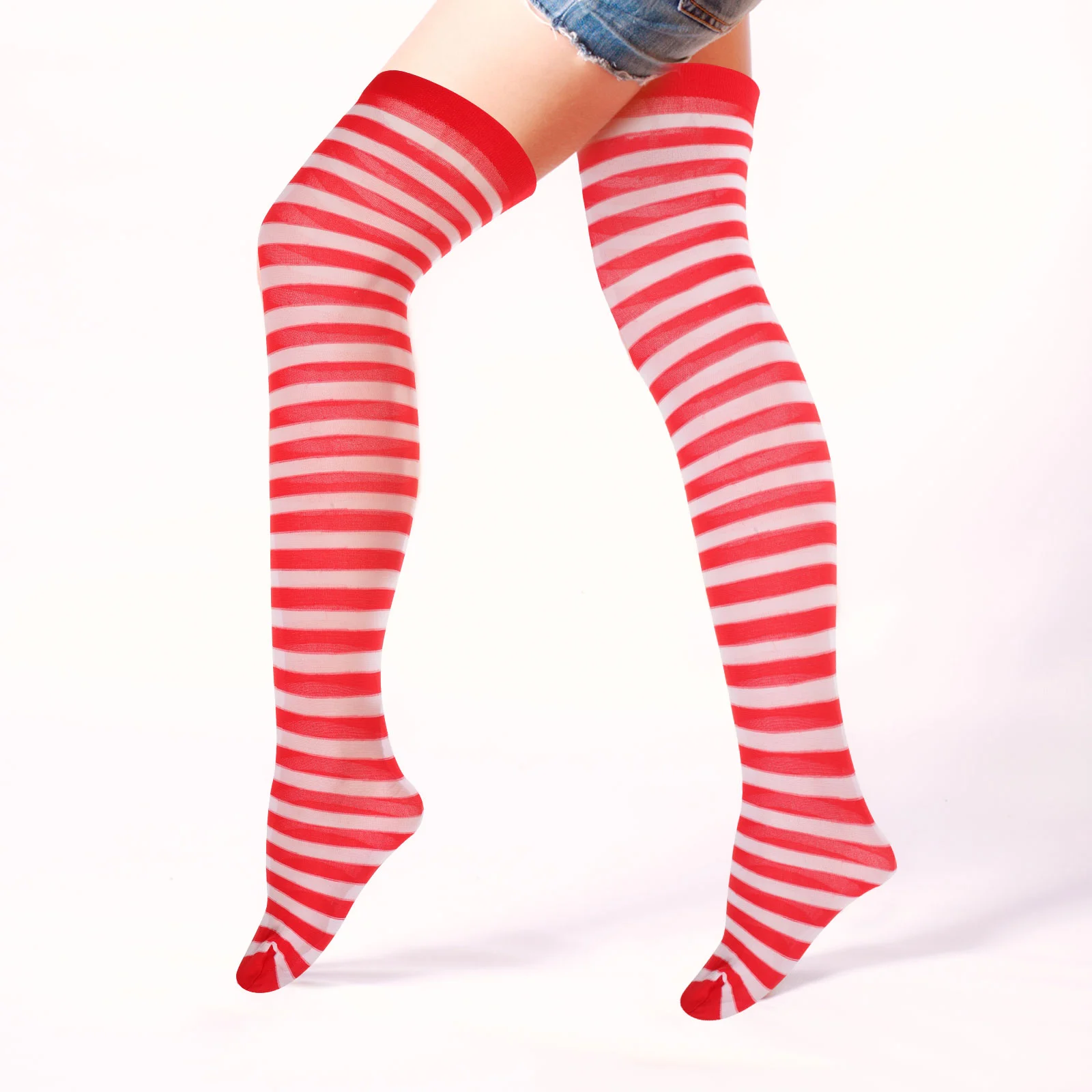 Fashionable Stockings over The Knee Christmas Socks Charm Adding Striped for Women Red and White Breathable