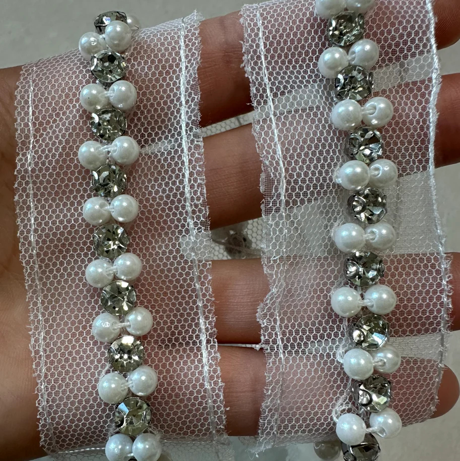50cm White Crystal Beaded Lace - Crystal Mesh Fabric 评论和价格