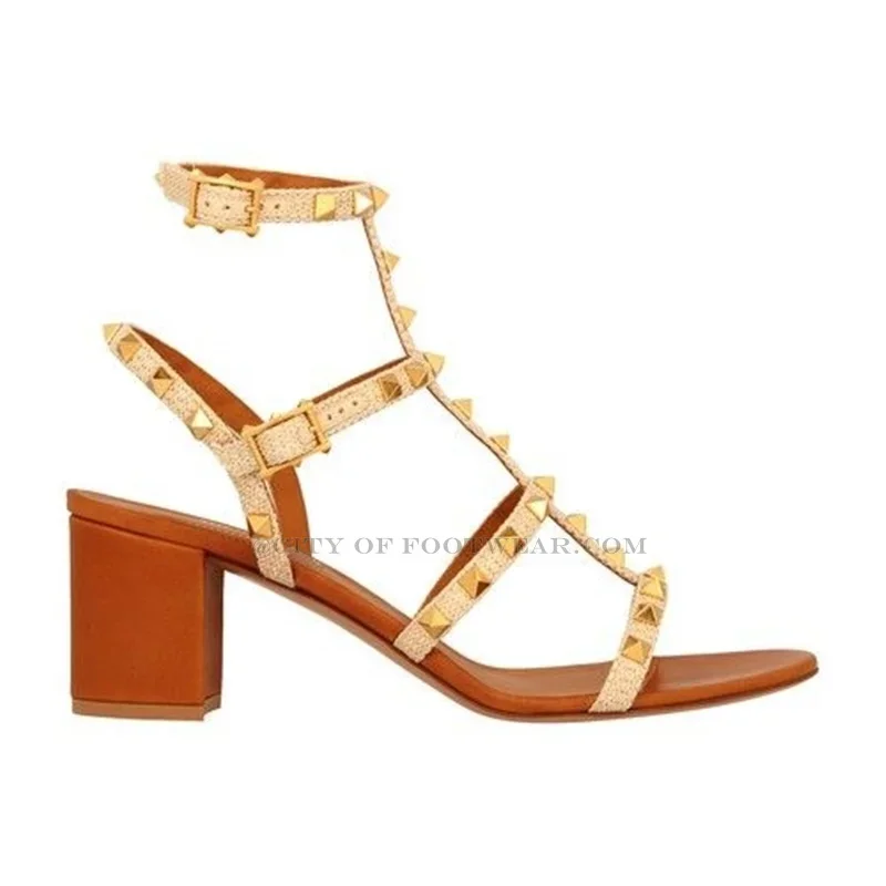 Rockstud Cage-effect Strap Sandals Women Mixed Colors Block Heel Summer Pumps Luxury Designer Chunky Heels Causal Dress Shoes