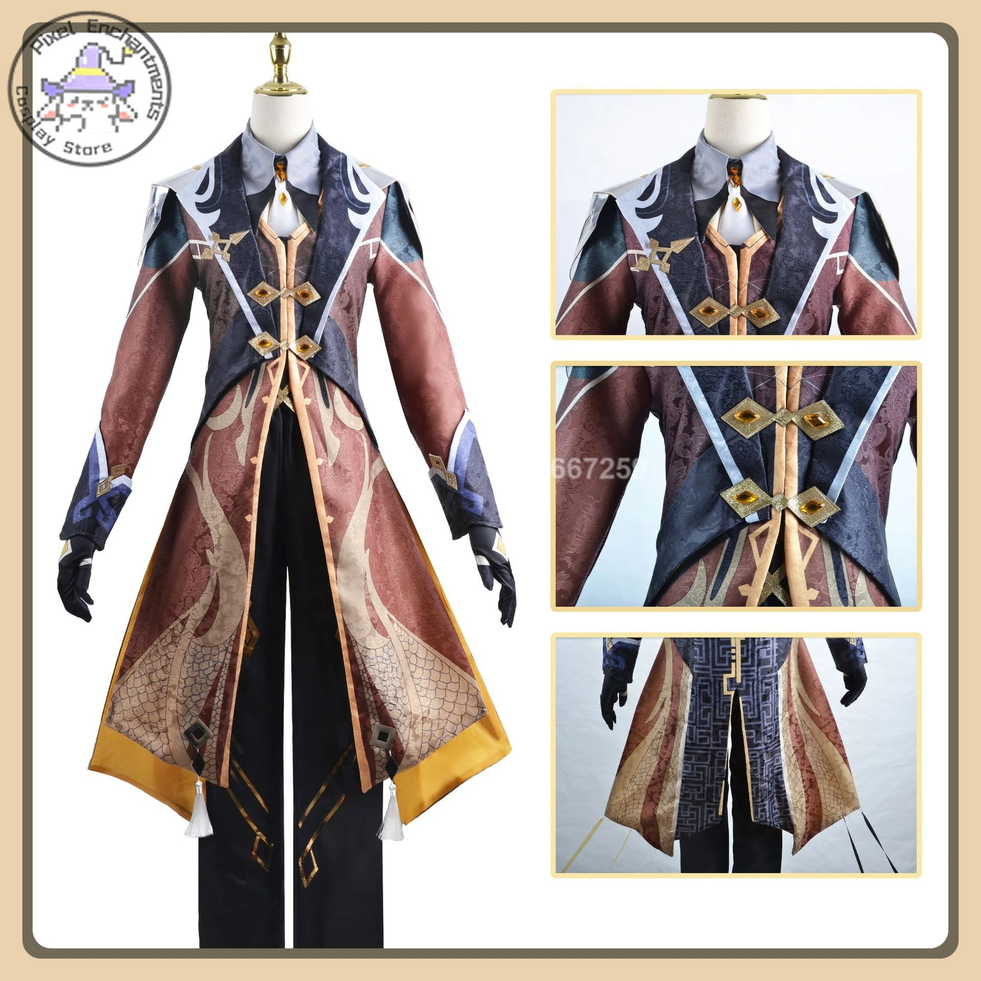 

Hot Zhongli Cosplay Costume (Noble Rock God Style) Square-Sheng Pattern Coat + Ring Full Set High Quality Anime Clothes (Male)