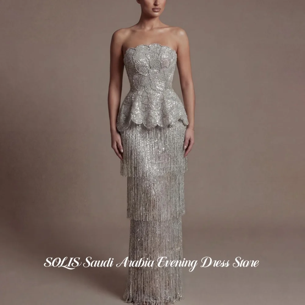 SOLIS Silver Strapless Mermaid Prom Dress Beaded Tassel Evening Dress All Over Hand-Stitched Sequin Mesh Party Gown Customized