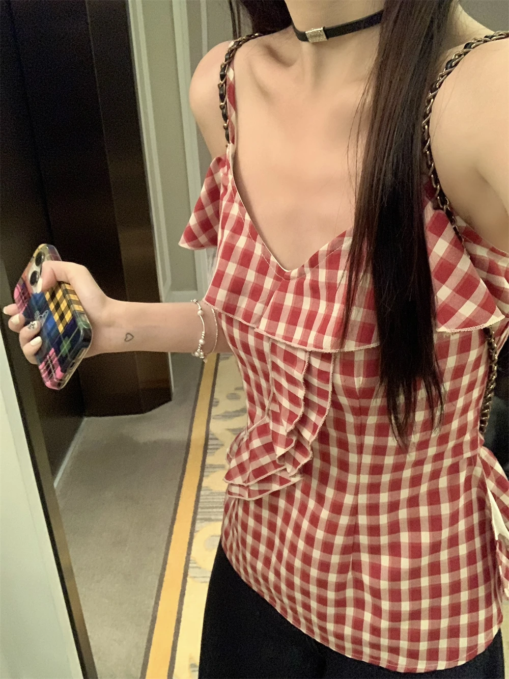 High Quality Hot Selling French Red Checkered Camisole Vest with Ruffled Edges Irregular Vacation Top Outerwear Graphic T Shirts