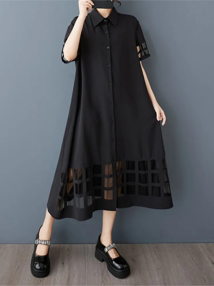 Oversized zomer lange shirtjurk dames mesh uitgehold modis damesjurken met korte mouwen losse damesjurk