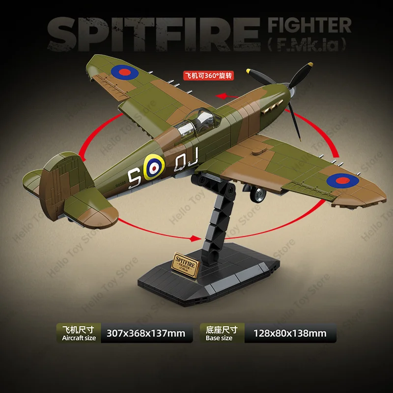 WW2 Britain Spitfire Blocks Military Fighter Building Blocks Classic Battle Plane Air Weapons Model Bricks Boy For Toy Kids Gift