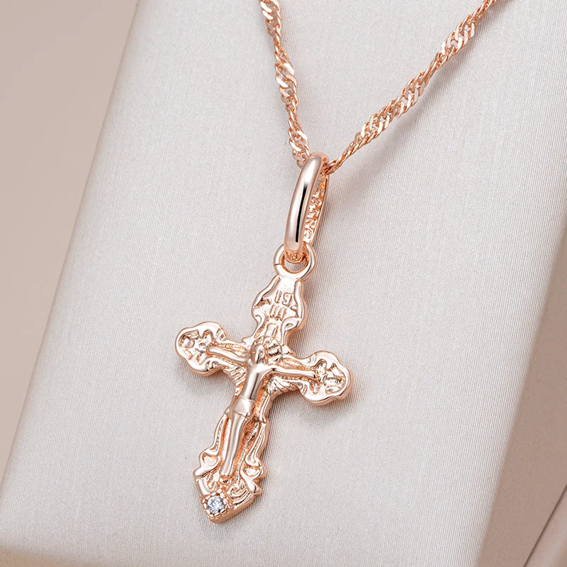 Kinel Luxury 585 Rose Gold Color Natural Zircon Cross Pendant Necklace For Women Orthodox Church Jesus Charm Daily Fine Jewelry