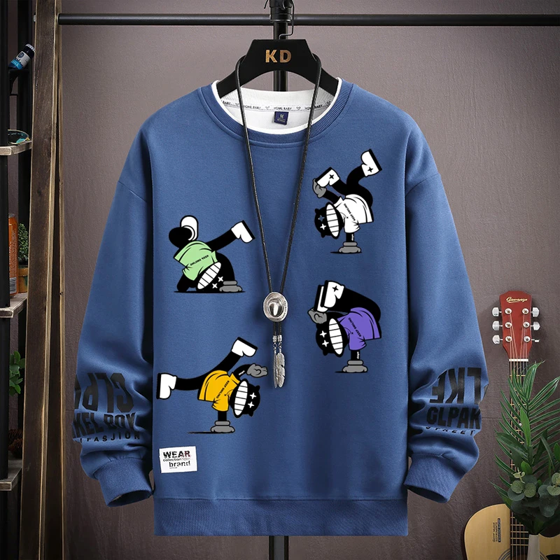 S-5XL Men Hip Hop Sweatshirts Casual O Neck Harajuku Khaki Top Trendy Cartoon Printed Long Sleeve T-shirt Fashion Men\'s Clothing