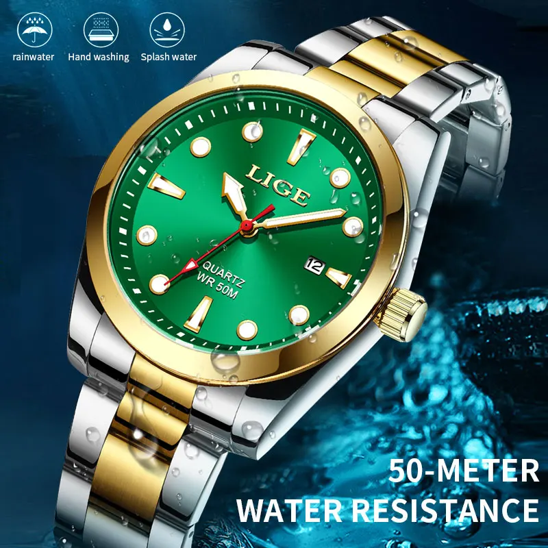 Fashion LIGE Top Brand Luxury Watch Men 50M Luminous Waterproof Watch Green Stainless Steel Sport Mens Watches Date Quartz Clock