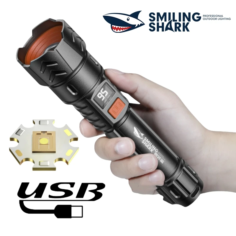 Smiling Shark SD5239 Rechargeable Flashlight, Super Bright M60 Handheld Torch, Zoomable, for Outdoor Camping Emergency Lighting