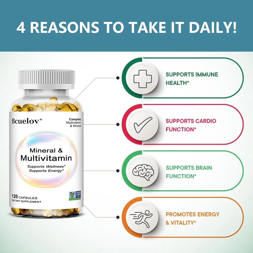 Multivitamin Mineral Capsules with D3, K2, Biotin & Zinc, Supports Energy, Immunity, Brain, Digestive, Eye Hair Skin Nail Health