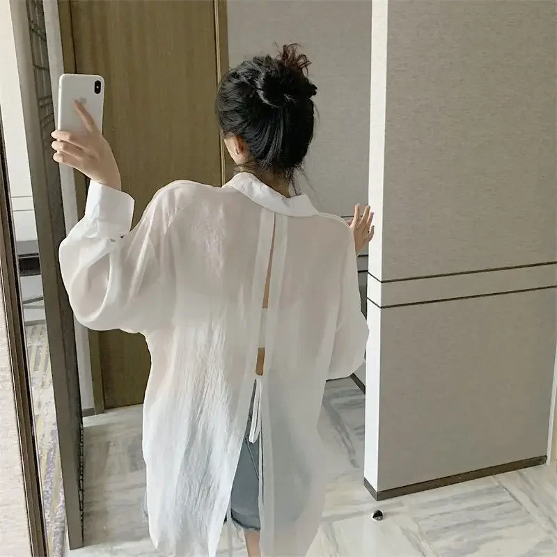 

Korean Sunscreen Shirt Women 2023 Summer Clothes Fashion Bandage Blouses Elegant Loose Long Sleeve See Through White Tops