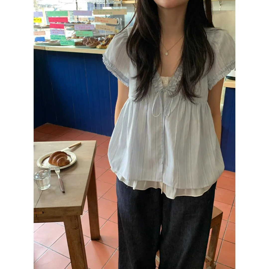 

Korean Sle Sweet Wooden Collar Loose Slimming Doll irt Women's Summer Beautiful Fce Sve Top Comfortable Blouse