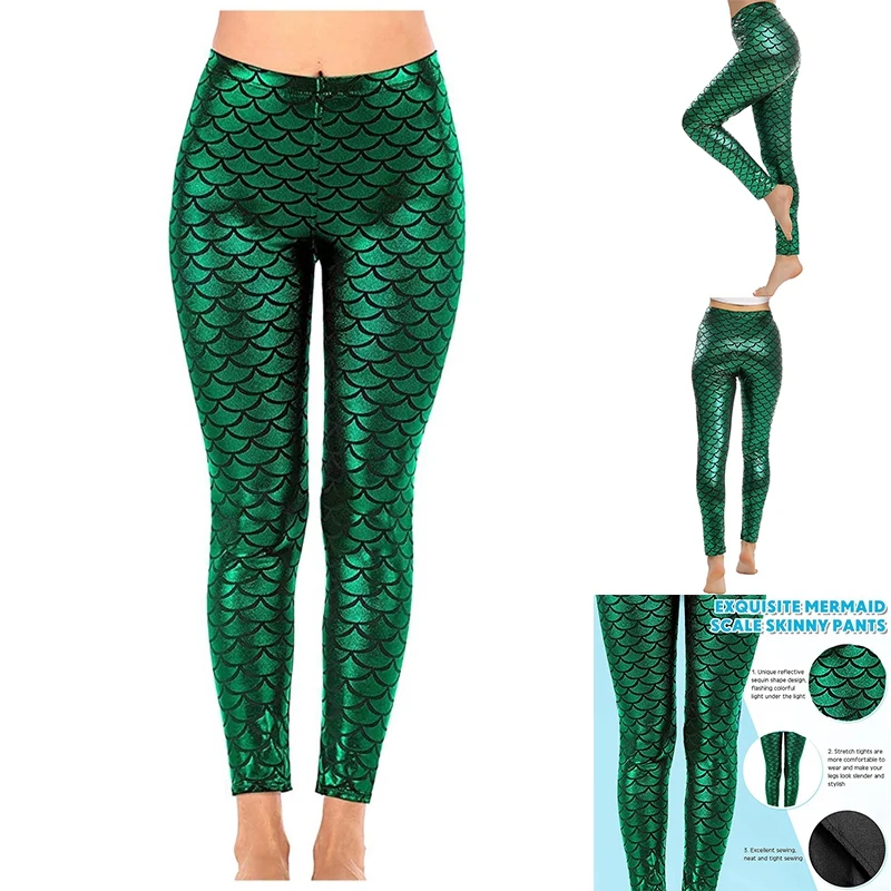 Women\'s Mermaid Legging In Shiny Green Fish Scale Design High Waisted Stretch Pants For Casual And Party Wear