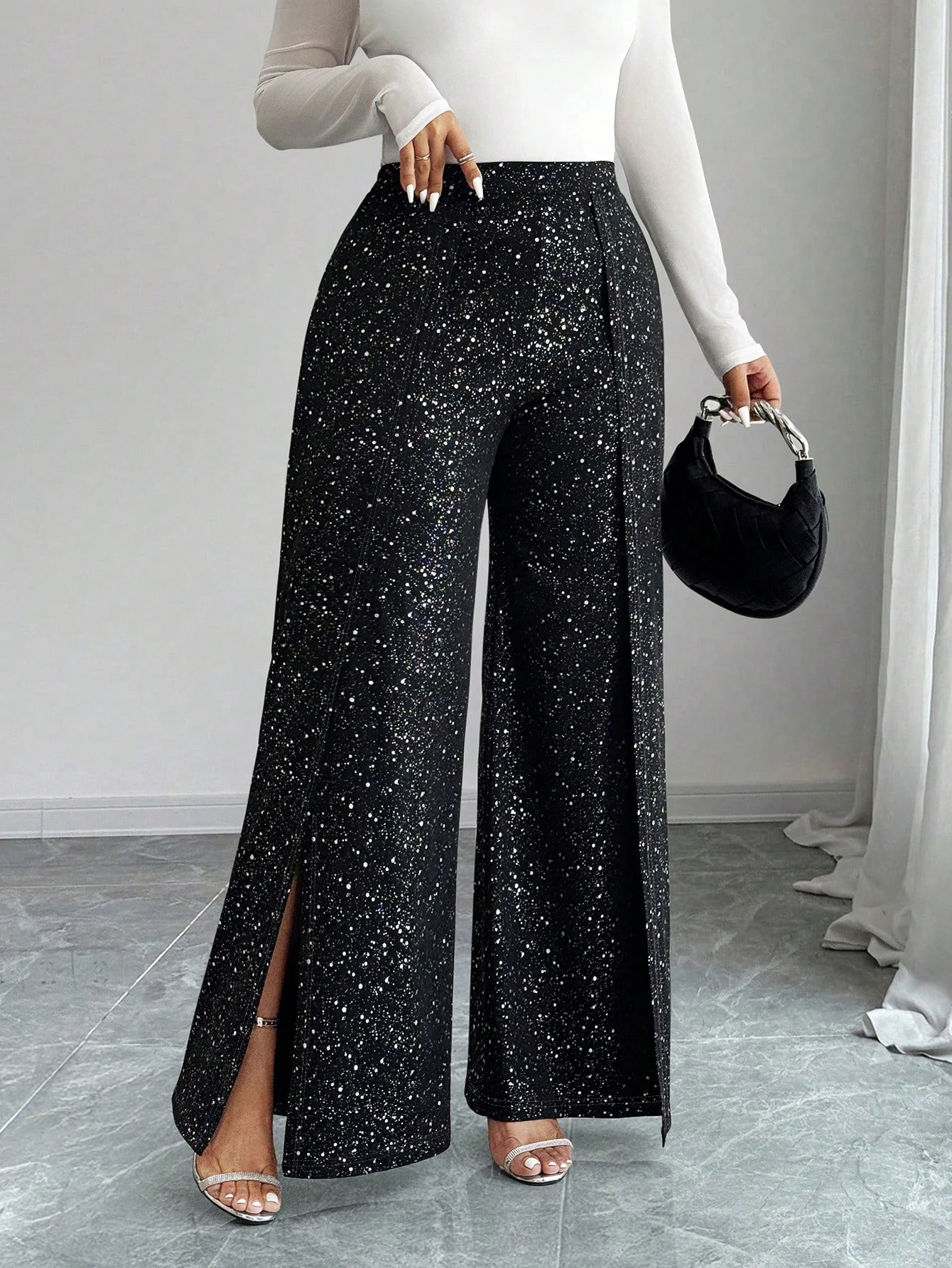 Plus-Size Damen Weite Hose mit Hoher Taille, Pailletten-Seitenschlitz, Glitzerhose, Gerade Hose, Party Club – Detail 5